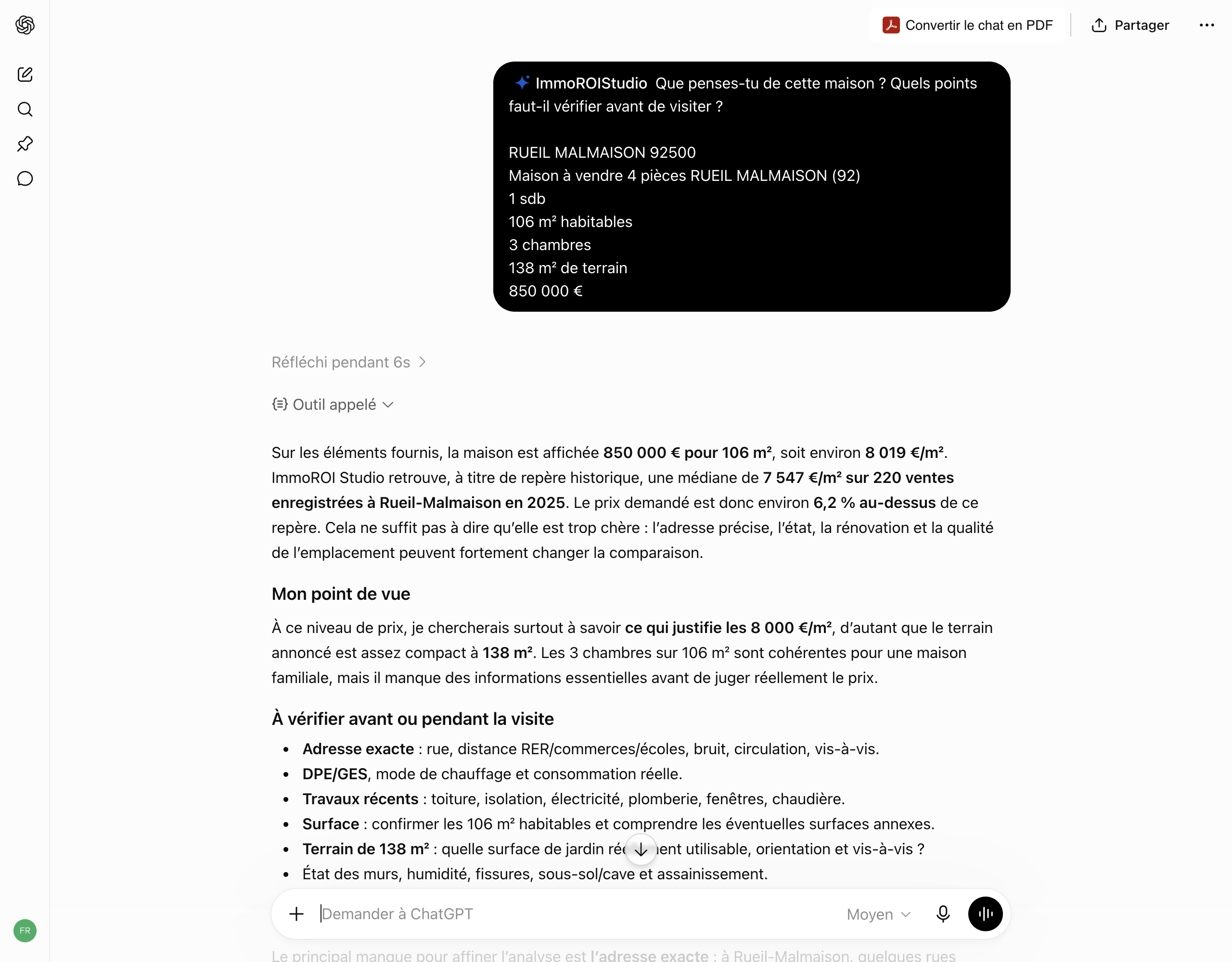 Examiner une annonce immobilière dans une conversation ChatGPT