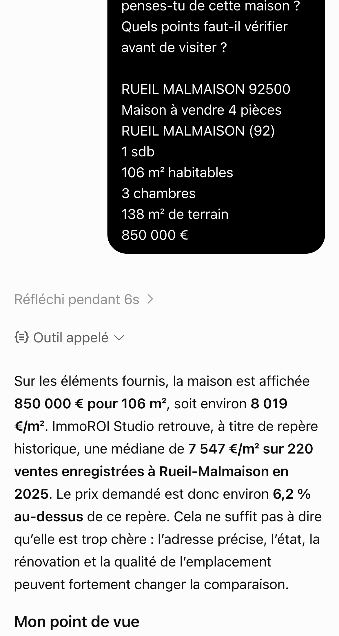 Conversation sur une maison à Rueil-Malmaison à 850 000 euros pour 106 m², avec les points à vérifier avant visite